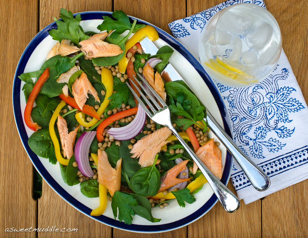 Hot smoked trout and lentil salad