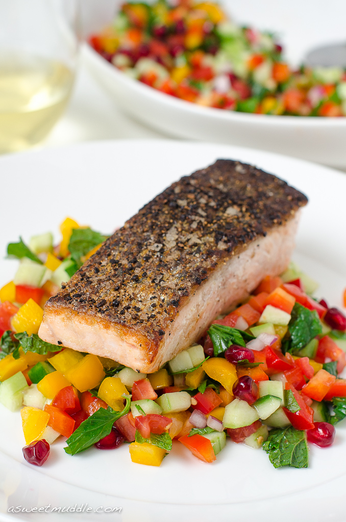 Crispy skinned salmon with Israeli salad